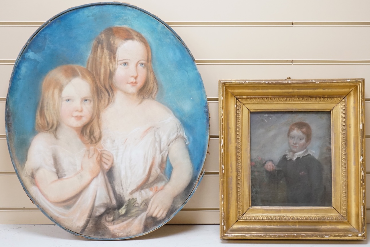 John Raphael Smith (1751-1812), Portrait of a young boy, pastel on canvas, inscribed verso, together with another work, Two young girls, oval pastel, largest 60 x 51cm, unframed